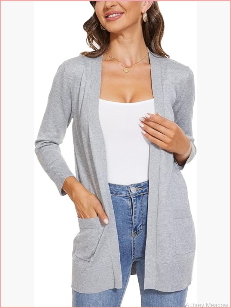 3/4 Sleeve Cardigan Open Front Knit With Pockets Rib Hem Casual S-Xxl